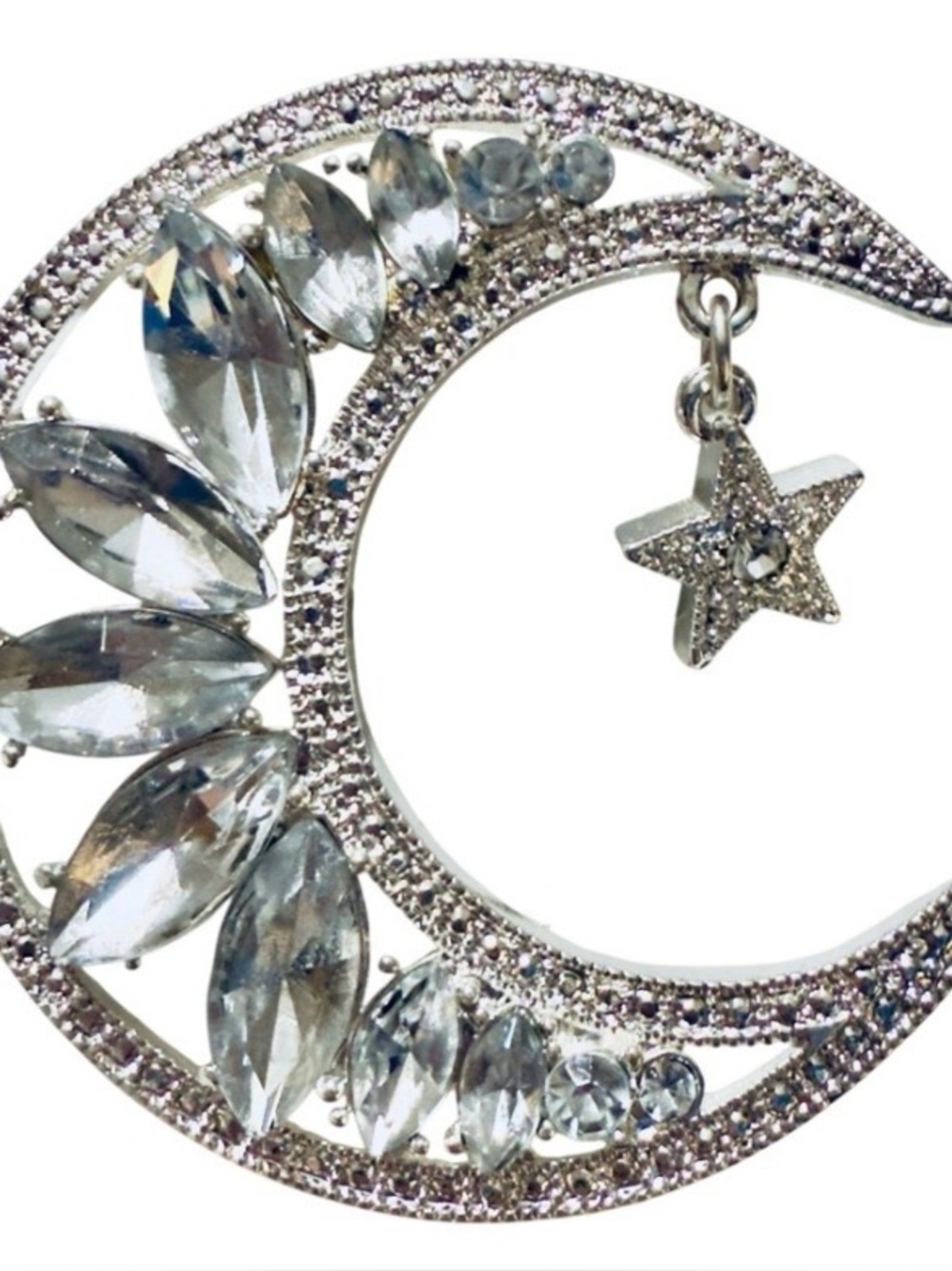 Apt. 9 Celestial Crescent Moon Brooch Pin Rhinestone Star Silver Tone NWT